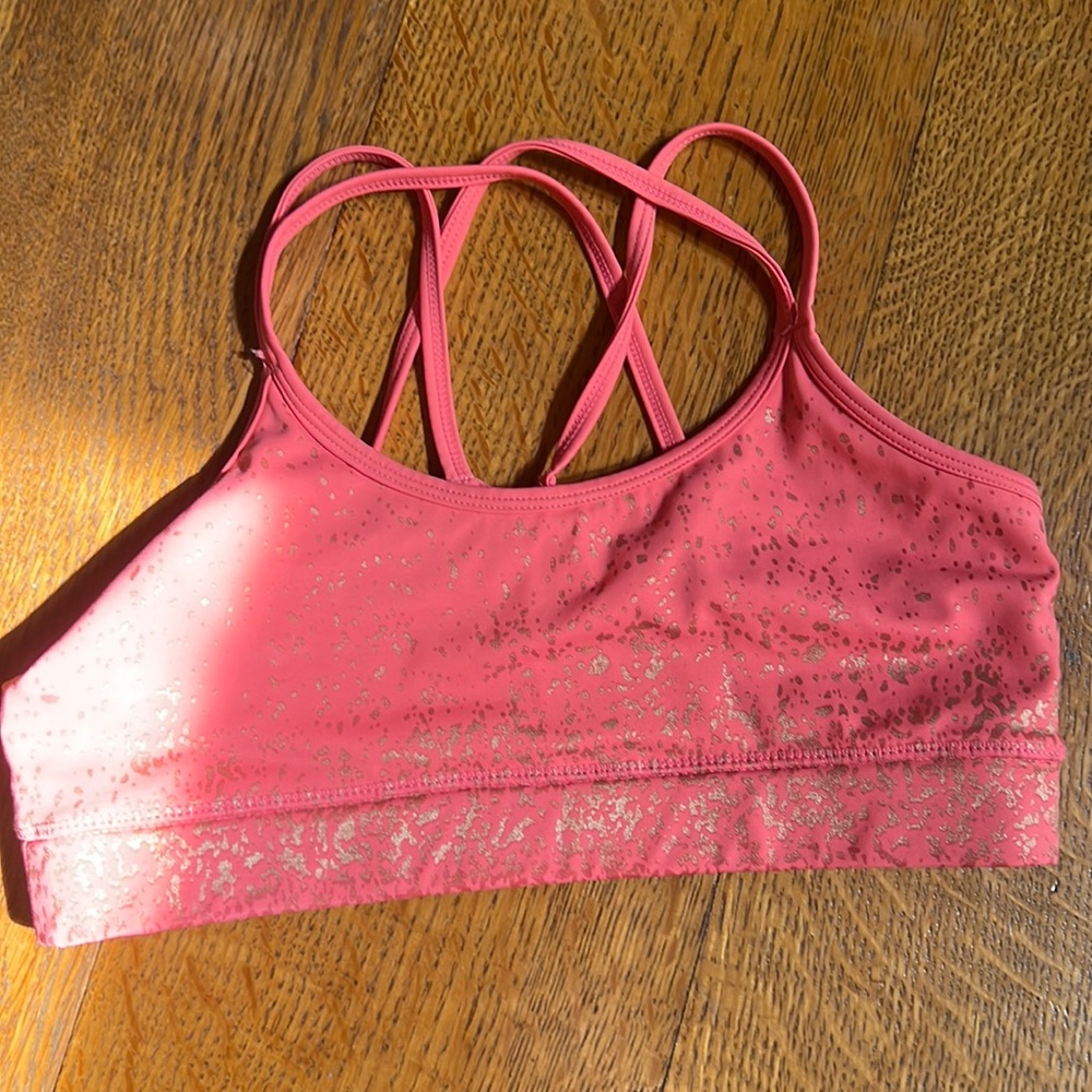 Buff bunny coral and gold sports bra
